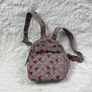 Betsey Johnson‎ Rose Floral Quilted Mini Backpack Grey Pink Bow Zippered Bag